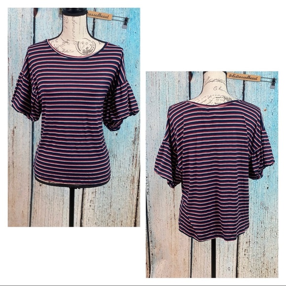 BOBEAU NWT Navy Red Striped Knit Bubble Sleeve Top - Picture 3 of 9